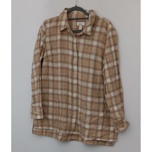 Denim & Co Heritage Tunic Top Women's Size M Plaid Button Front Tan Long Sleeve